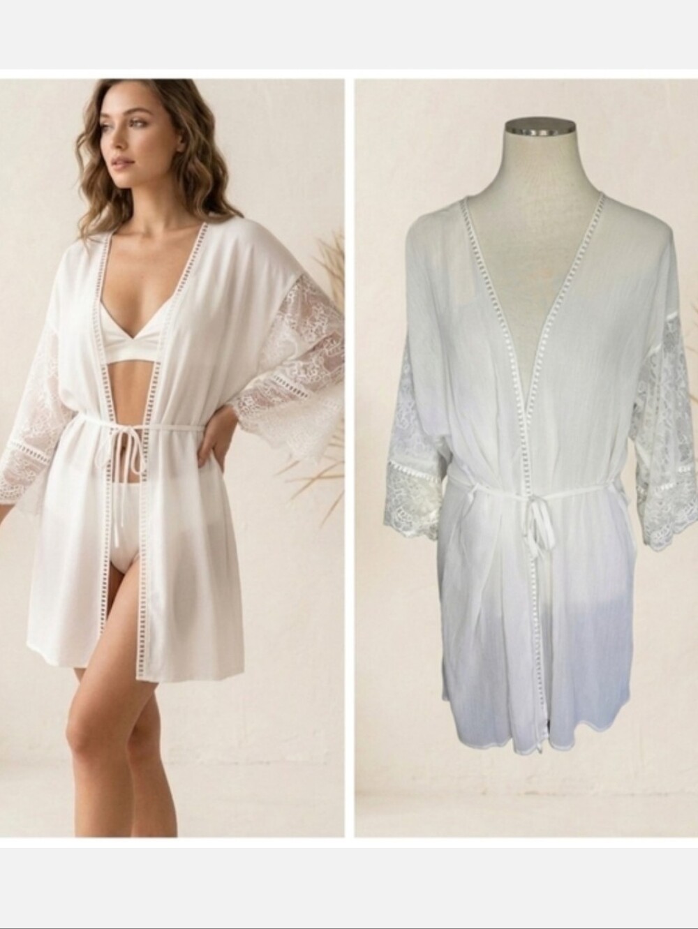 White Lace Trim Kimono Robe Women's Size Medium by In Bloom Sheer Sexy Wedding